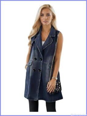 Sleeveless Long Denim Vest Casual Distressed Lightweight Cotton Blend Western